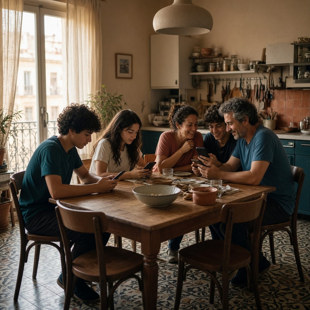 Família de cinc a la taula de la cuina, cadascú amb el seu mòbil