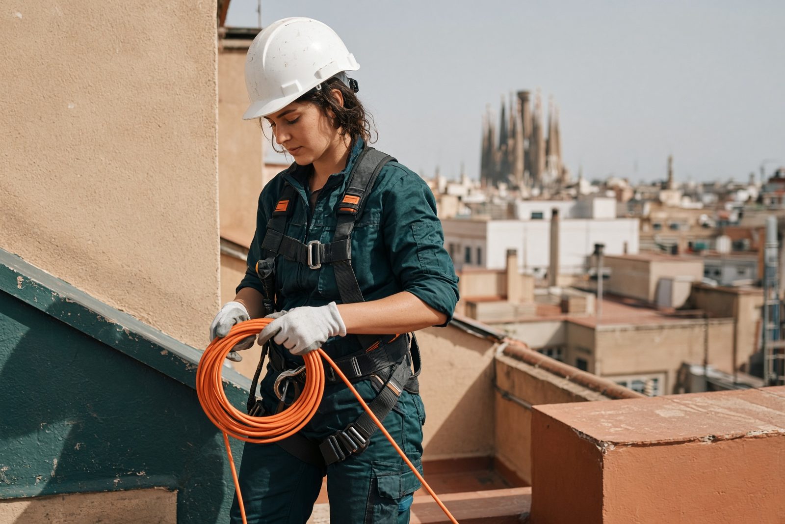 Tècnica de fibra en un terrat de Barcelona, amb la Sagrada Família al fons