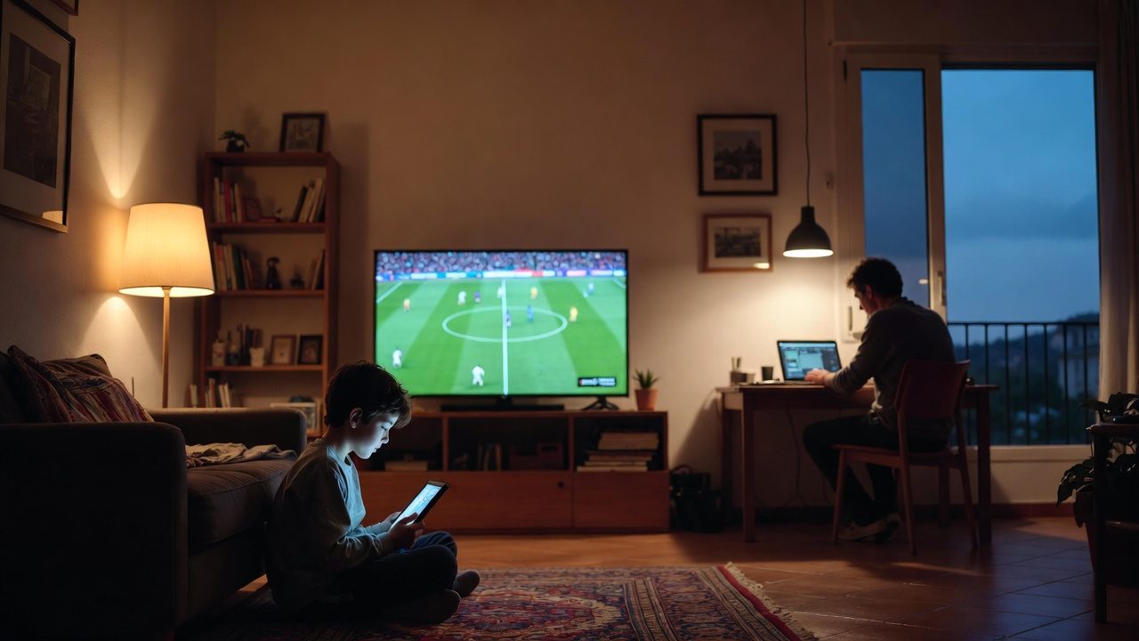 Salón con el fútbol en la tele, un niño con la tableta y un padre con el ordenador